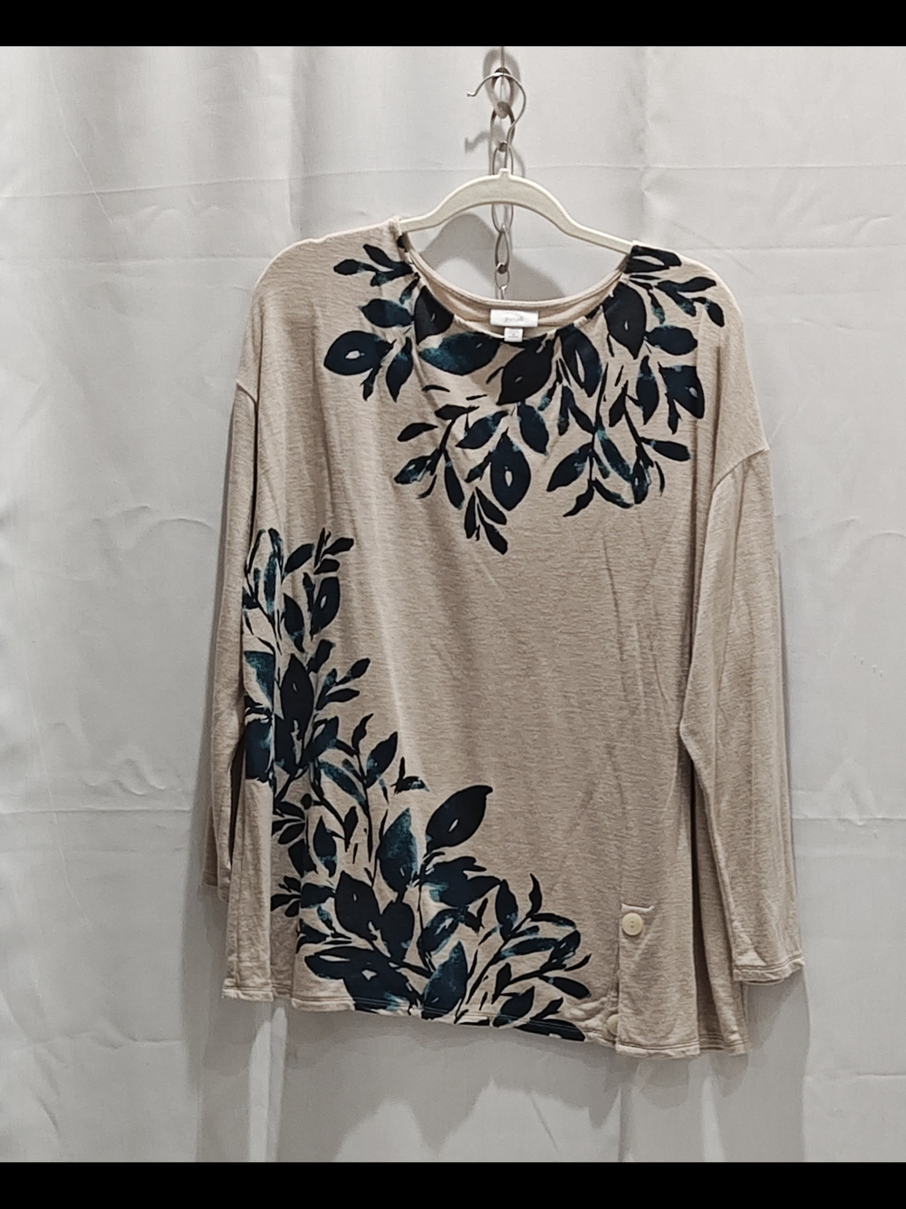 Women's Top 2X Long-Sleeve Knit Beige Navy & Teal Leaf Print
